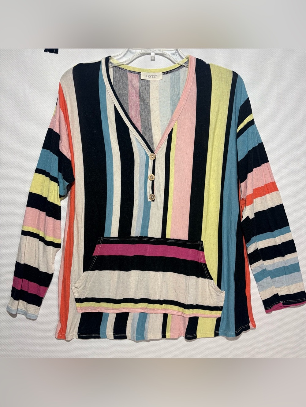 Striped V-Neck Pullover - LOFTY - Pink, Blue, Yellow, Black